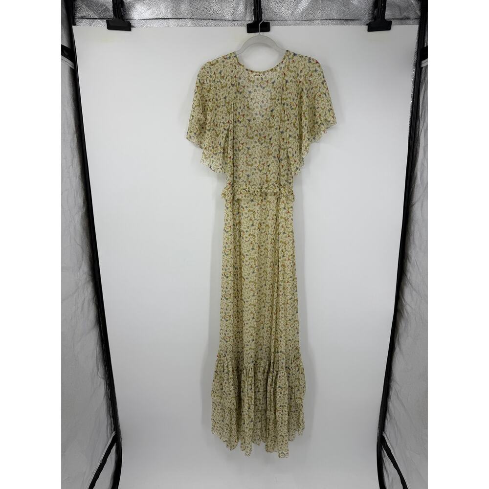 Doen Antoinette Maxi Dress Yellow Victoria Floral Printed Silk Ruffle Sheer M - Picture 4 of 13
